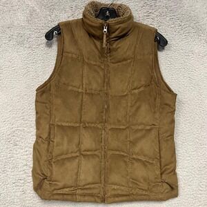 VTG LL Bean Goose Down Puffer Vest Women Sz M Brown Faux Fur Collar Trim Quilted
